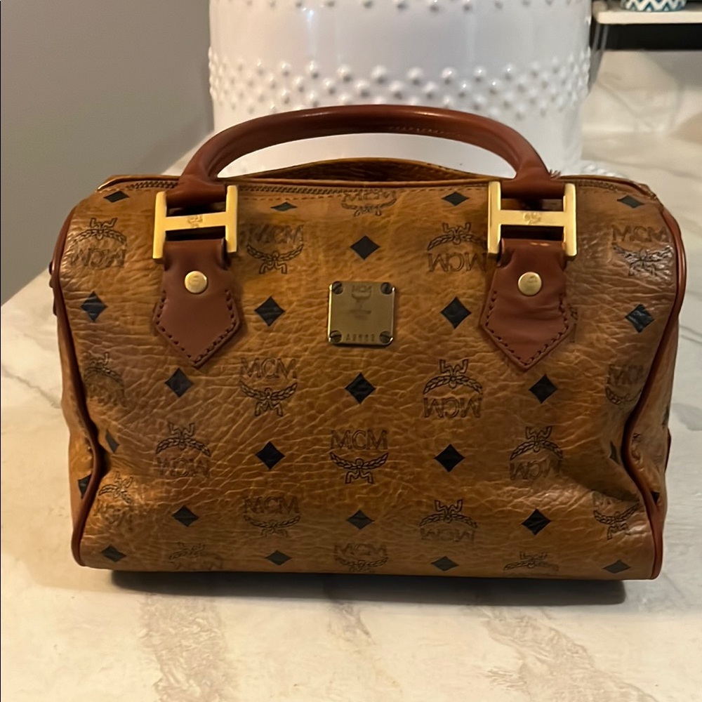 MCM Brown Logo Satchel with Gold Accents-Speedy 25 size